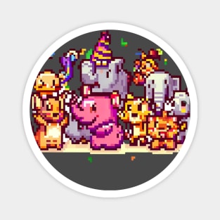 A group of animals having a party or celebrating a holiday, pixel art Magnet
